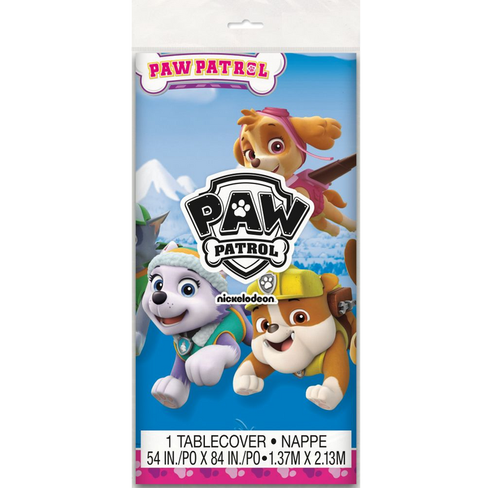 Packaged Paw Patrol Girl plastic tablecover with a white badge-print top, pink paw-print border, and side panels featuring Skye, Everest, Chase, Marshall, and other Paw Patrol characters.