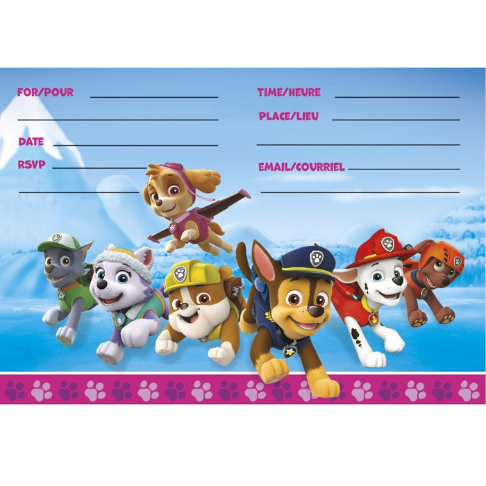 Paw Patrol Girl invitation interior with fill-in party details, blue snowy background, pink paw-print border, and Paw Patrol characters including Skye, Everest, Chase, Marshall, Rubble, Rocky, and Zuma.