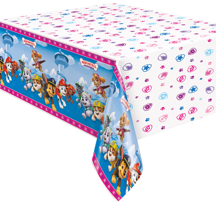 Paw Patrol Girl plastic tablecover with a white badge-print top, pink paw-print border, and side panels featuring Skye, Everest, Chase, Marshall, and other Paw Patrol characters.