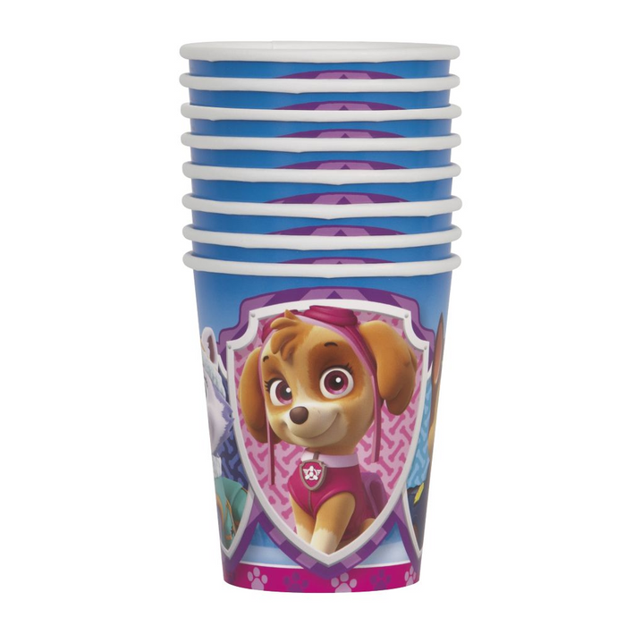 Stack of Paw Patrol Girl 9-ounce paper cups featuring Skye, blue backgrounds, pink paw-print accents, and character shield designs.