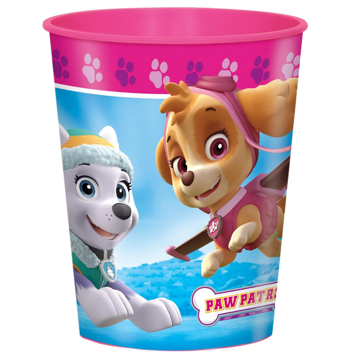 Paw Patrol Girl 16-ounce plastic cup featuring Skye and Everest on a blue snowy background with a pink paw-print border.