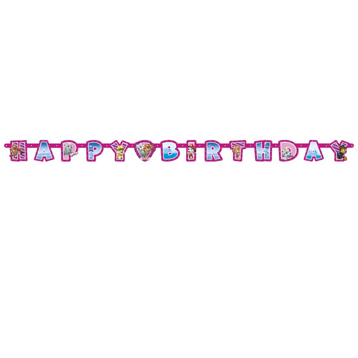 Paw Patrol Girl 6.5-foot Happy Birthday banner with pink letters, paw-print accents, and character images of Skye, Everest, Marshall, Chase, and other Paw Patrol pups.