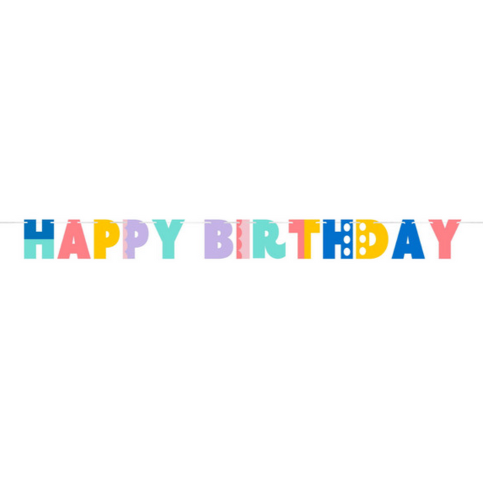 A colorful 'HAPPY BIRTHDAY' banner made of individual letters in pastel and bright colors, strung along a thin line against a plain white background.