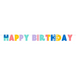 A colorful 'HAPPY BIRTHDAY' banner made of individual letters in pastel and bright colors, strung along a thin line against a plain white background.