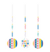 Three colorful hanging birthday decorations on a white background: two round ornaments with striped and patterned designs, and one circular ornament in the center reading “HAPPY BIRTH DAY” in multicolored letters.