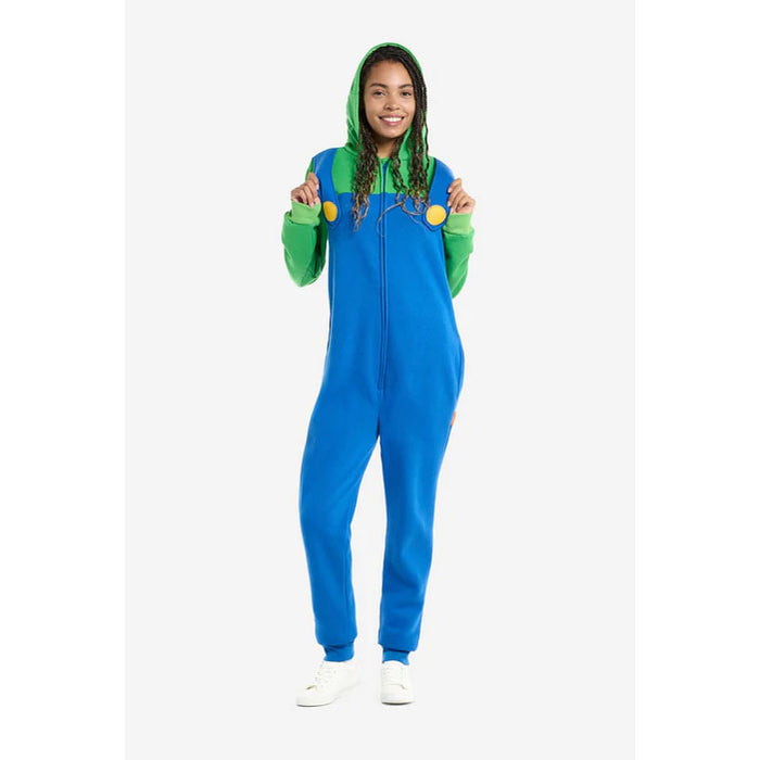 A woman wearing an Adult Mario Bros. Luigi Onsie Costume.