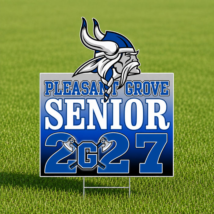 A graphic design for a Pleasant Grove Senior 2027 print or decal, featuring a Viking mascot head above a blue and white text layout on a white background.