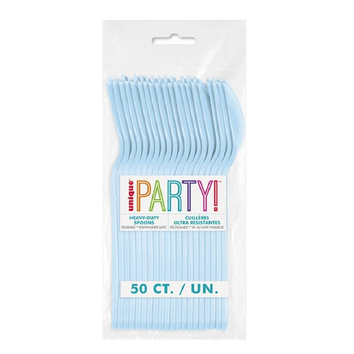 Package of 50 powder blue heavy-duty plastic spoons with colorful "Party" branding and text indicating they are reusable and dishwasher safe.