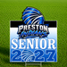 A square Preston Indians senior 2027 yard sign displayed on a green grass background. The sign features a blue and white Native head logo above the text 'PRESTON INDIANS SENIOR 2027' in bold white and blue lettering.