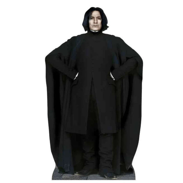 Life-size cardboard standup cutout of a figure with long black hair wearing a black high-collared robe with flowing sleeves, standing against a white background.