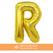 A 16-inchAir Filled Gold Mylar Letter Balloon in the letter R.