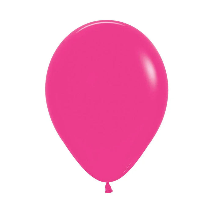 Bright fuchsia latex balloon with a rounded teardrop shape and tied knot at the bottom, shown inflated against a white background.