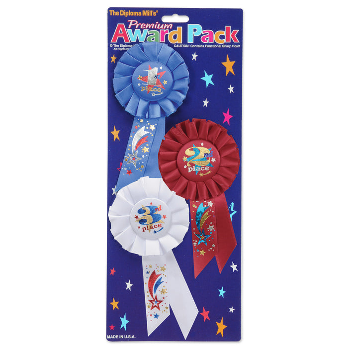 A set of award rosette ribbons featuring a 1st, 2nd, 3rd, place award pack design. Comes in a pack of 3.