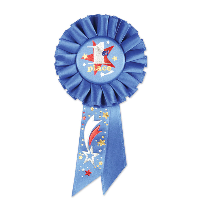 An award rosette ribbon featuring a 1st place design. Sold as a single piece.