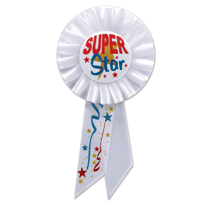 An award rosette ribbon featuring a super star design. Sold as a single piece.