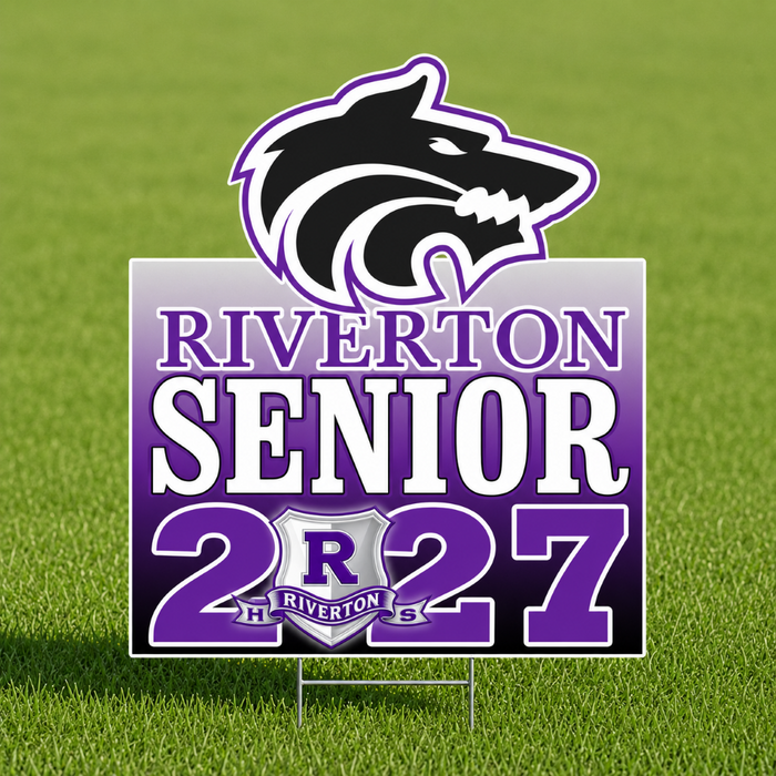 A square graphic design featuring a black and white wolf head mascot outlined in purple above the text 'RIVERTON SENIOR 2027' in purple and white, with a small shield crest reading 'Riverton' at the bottom, on a white background.