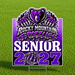 A custom yard sign featuring a purple and black 'Rocky Mountain Grizzlies Senior 2027' graphic on a metal H-stake, displayed against a green grass background.