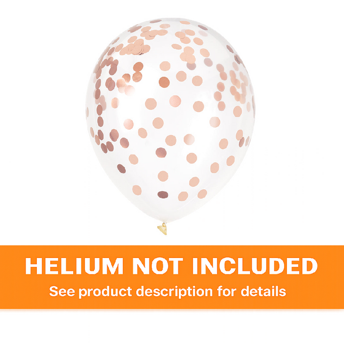 Clear 12-inch latex balloon filled with rose gold confetti dots on a white background plus an orange "Helium Not Included" banner. 