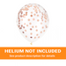 Clear 12-inch latex balloon filled with rose gold confetti dots on a white background plus an orange "Helium Not Included" banner. 