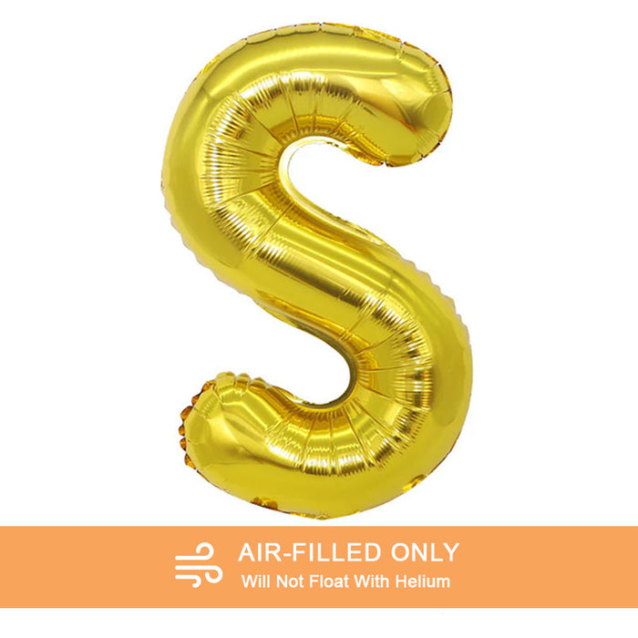 A 16-inchAir Filled Gold Mylar Letter Balloon in the letter S.