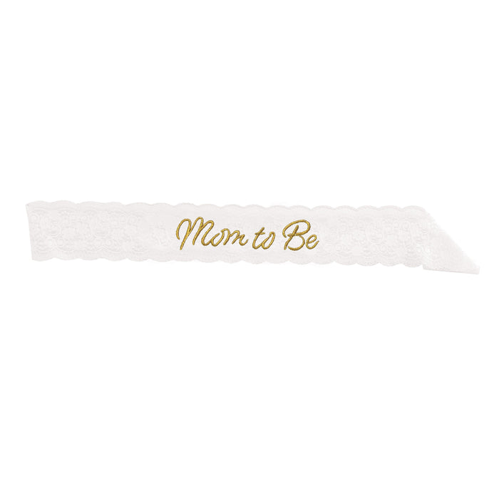 A lace white satin sash worn across the body printed with a mom to be design. Sold as a single piece.