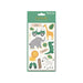 Safari sticker set with lion, zebra, giraffe, elephant, crocodile, jeep, green leaves, signs, and binoculars on a white sticker sheet.