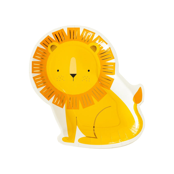 Safari lion shaped paper plate with a bright yellow lion design, orange mane, simple face details, and shiny gold accents.