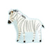 Safari zebra shaped paper plate with black and gray stripes, light blue outline, black hooves, and a small gold ear accent.