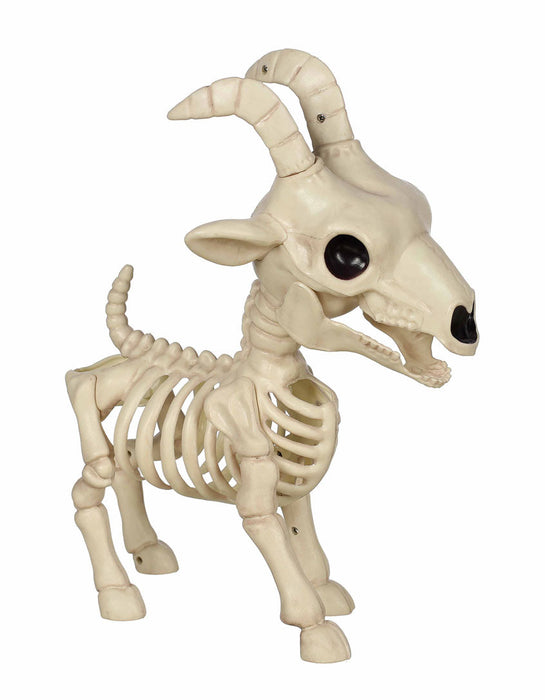 Product photo of the Skeleton Goat on a plain white background. It measures about 5.75x9x11.5". A Halloween decoration.