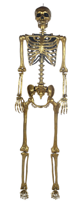 Product photo of the 5 Ft. Gold Poseable Skeleton on a plain white background. It measures about 5 ft.. A Halloween decoration.