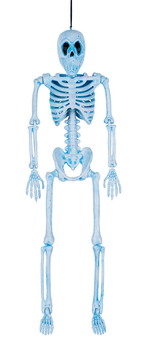 Product photo of the 16" Black Light Wicked Bones Skeleton on a plain white background. It measures about 16". A Halloween decoration.