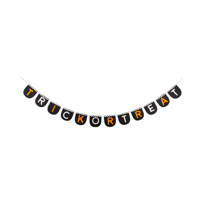 Halloween-themed 'TRICK OR TREAT' banner on a white background