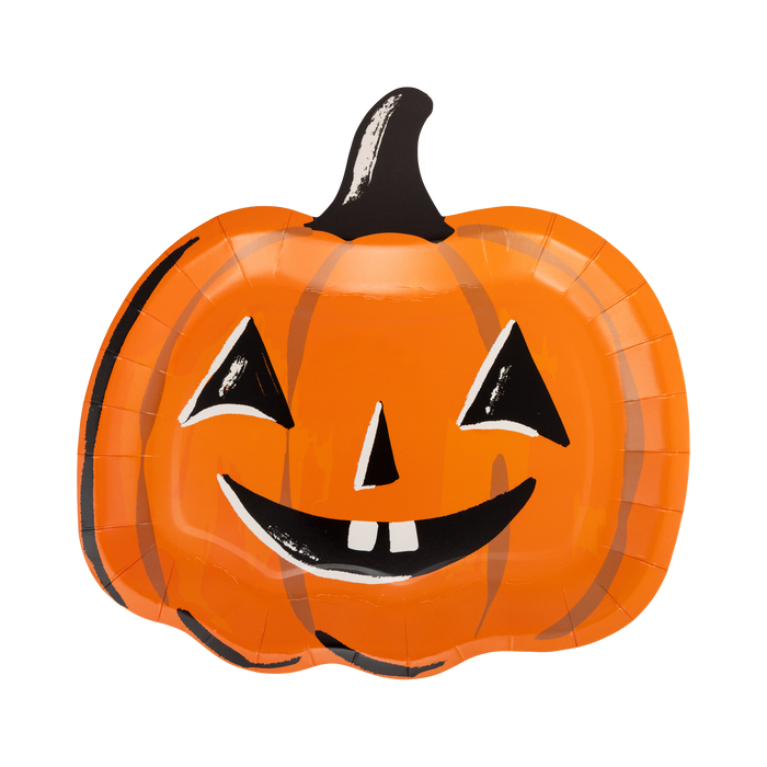 Pumpkin-shaped paper plate with a smiling face on a white background