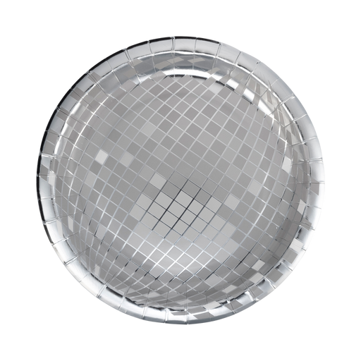 A 9-inch New Year's Silver Disco Plate. Comes in a package of 8.