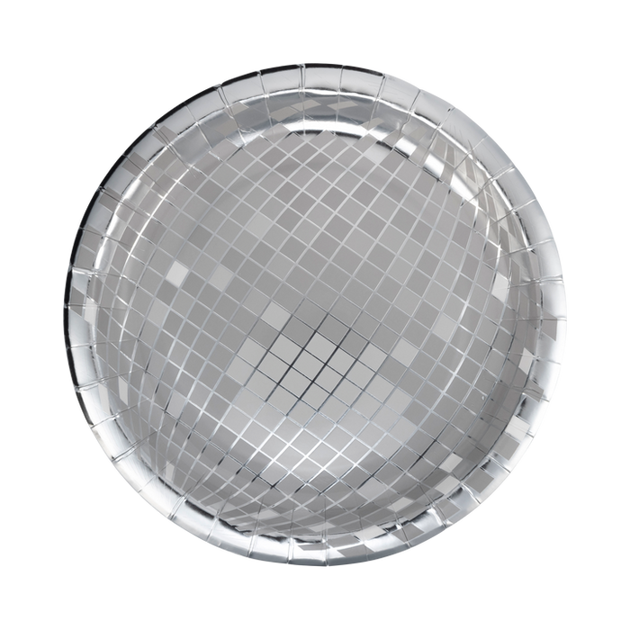 A 9-inch New Year's Silver Disco Plate. Comes in a package of 8.