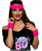 A women wearing a 80's costume featuring an 80's headband set in neon pink.