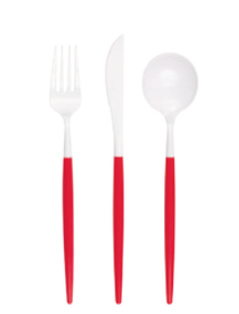 Red and white plastic cutlery set with fork, knife, and spoon featuring white tops and bright red handles on a white background.