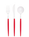 Red and white plastic cutlery set with fork, knife, and spoon featuring white tops and bright red handles on a white background.