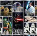 Star Wars wrapping paper featuring character panels with Darth Vader, Luke Skywalker, R2-D2, Chewbacca, Boba Fett, stormtroopers, TIE fighters, and Millennium Falcon designs.