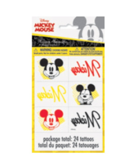 Mickey Mouse temporary tattoo pack with assorted Mickey character artwork and colorful logo-style tattoo designs.