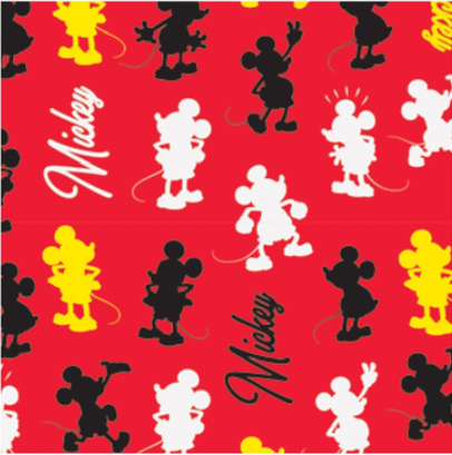 Mickey Mouse gift wrap with red background, black, white, and yellow Mickey silhouettes, and “Mickey” script accents.