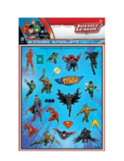 Justice League sticker sheet pack with assorted DC superhero character stickers, logo graphics, and blue themed packaging.