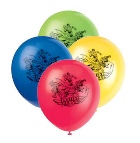Assorted red, blue, green, and yellow 12-inch Justice League latex balloons with black character graphics