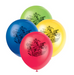 Assorted red, blue, green, and yellow 12-inch Justice League latex balloons with black character graphics