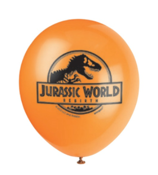 Orange 12-inch Jurassic World Rebirth latex balloon with black logo graphic.