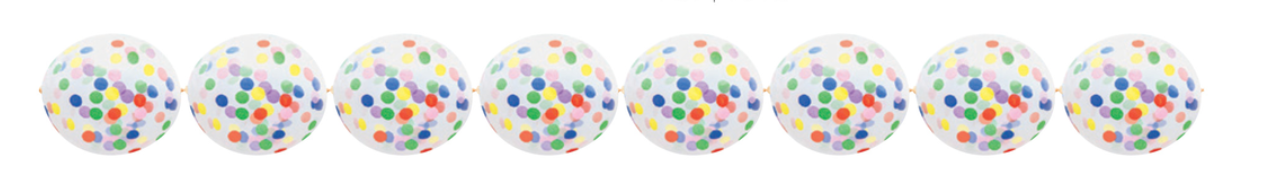 Clear 12-inch latex confetti balloons arranged in a garland with colorful multicolor confetti dots.