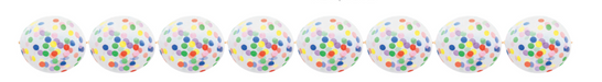 Clear 12-inch latex confetti balloons arranged in a garland with colorful multicolor confetti dots.