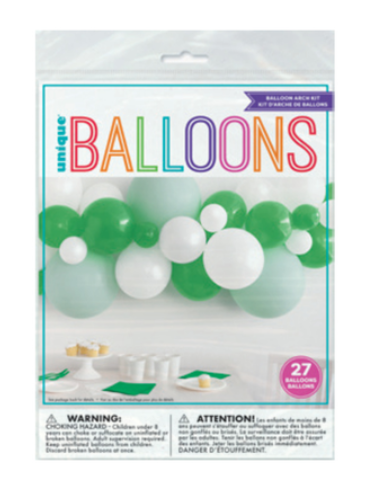 Green and white double stuffed latex balloon arch kit packaging with green, white, and soft mint balloon garland display.