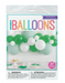Green and white double stuffed latex balloon arch kit packaging with green, white, and soft mint balloon garland display.