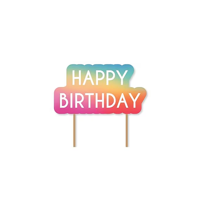 Happy Birthday Cake Topper - Vibrant Ombre with white Happy Birthday lettering on a colorful ombré sign and two wooden picks.